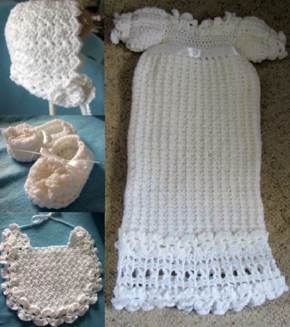 Crochet Pattern White Christening Gown, Bonnet & Bib Set in All Yarn PDF Pattern
