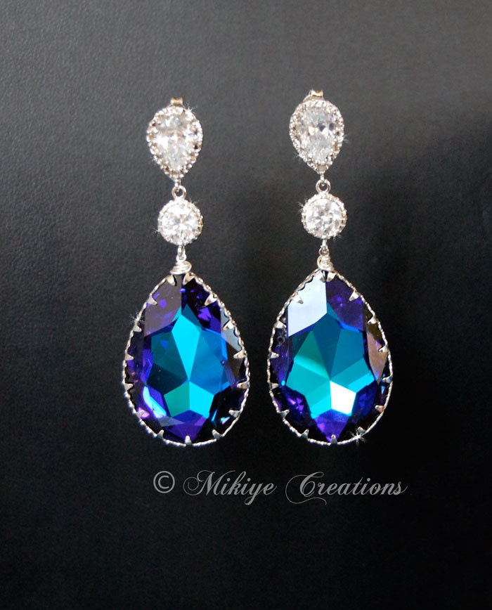 Chandelier Bridal Earrings, Wedding Jewelry, Swarovski Crystal Drop Earrings - Peacock Droplets