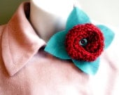 Knitted flower brooch pin red cotton bloom turquoise linen memake handmade textile jewellery fashion accessory