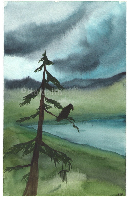 Original Watercolor Tree Painting - Hawk by the Lake