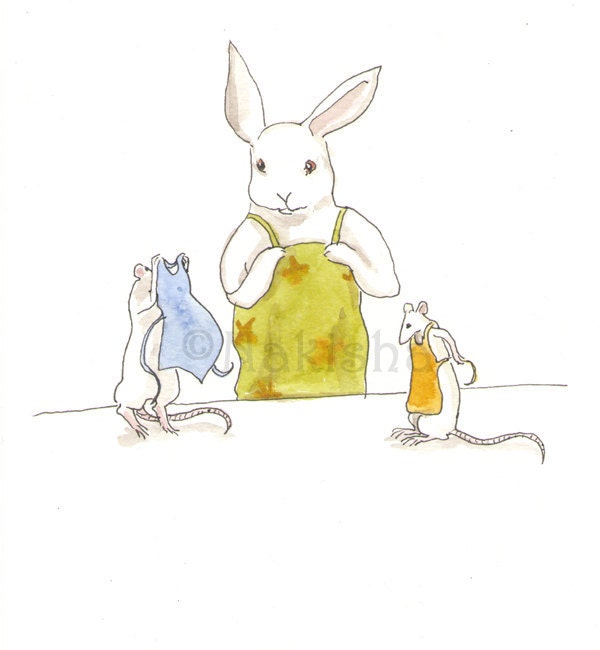 Putting On Aprons - Original Watercolor Rabbit Illustration