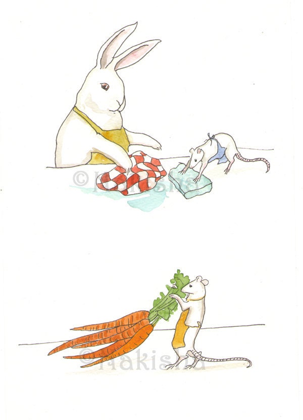 Cleaning Up and Carrots - Original Watercolor Rabbit Illustration