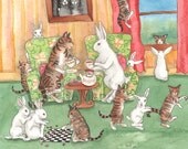 Original Rabbit and Cat Art - Tea with the Tabbies - Watercolor Animal Painting