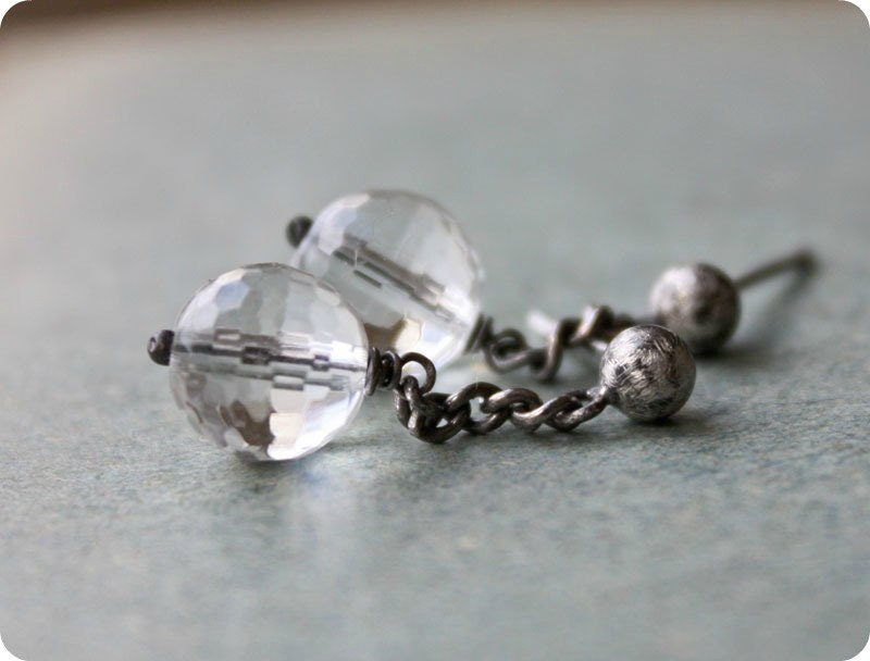quartz earrings, oxidized sterling silver studs post, semi precious dangle minimalist modern