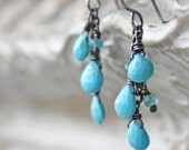 turquoise earrings, powder blue gemstone oxidized sterling silver wire wrapped