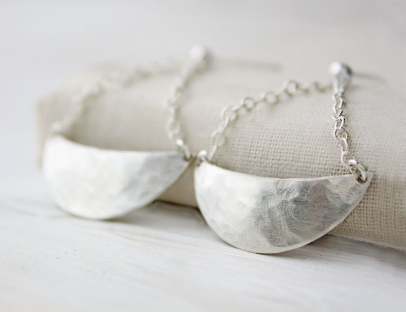 crescent moon jewelry, sterling silver earrings,  hammered modern minimal boho metalwork