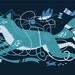 Blue Winter Fox with Bird and Rabbit Screenprint Art Print - Bunny Yarn Craft Mitten Silkscreen Poster - Good for Kids Rooms & Nursery