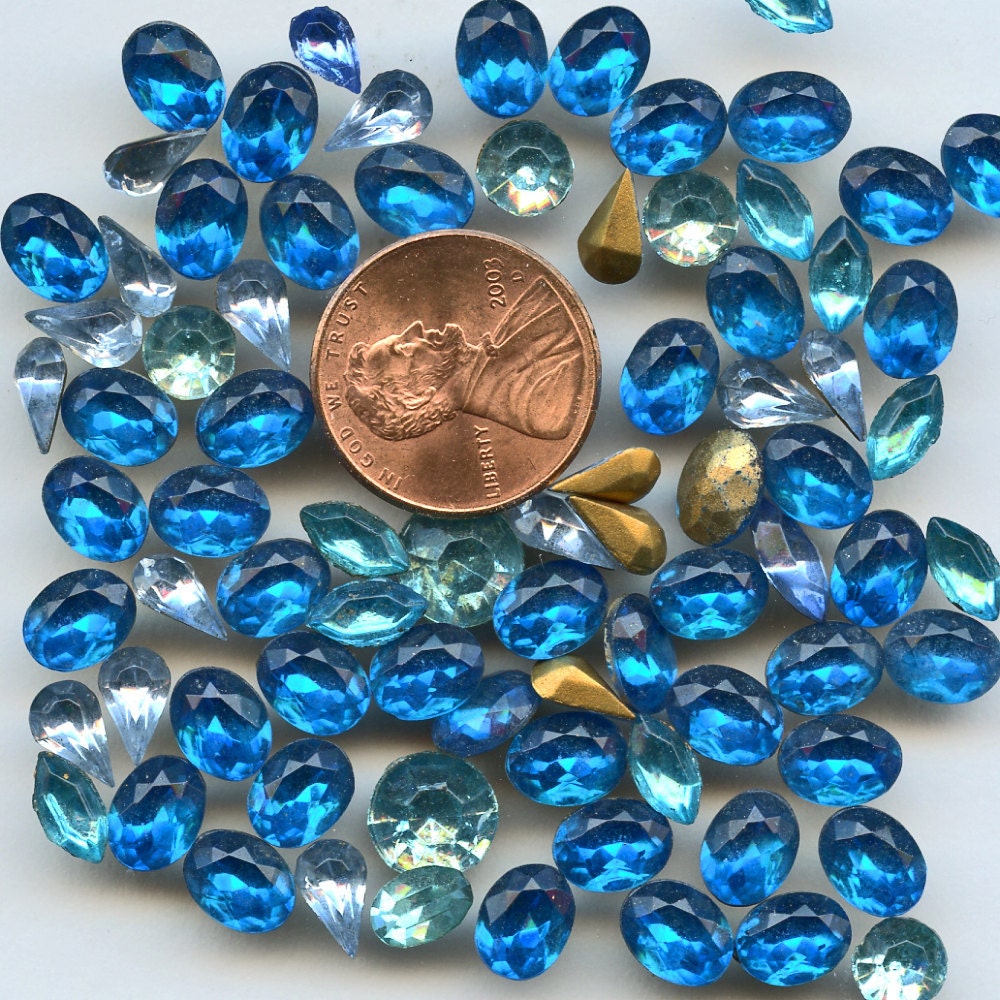Vintage Glass TURQUOISE and Blue RHINESTONES Glass Lot of (80)  half ounce of Different Shapes and Sizes mixturq8 MORE AVAlLABLE