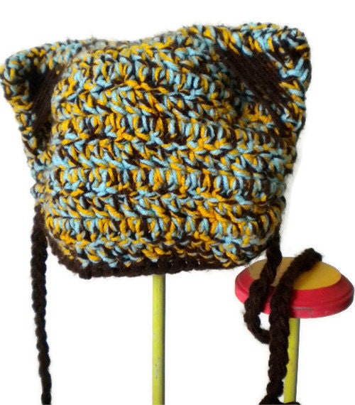 Crochet Hat - Cat Hat in Aqua, Brown, and Mustard with Long Brown Braids- Crochet Beanie for Baby / Toddler / Boy / Girl / Man / Woman