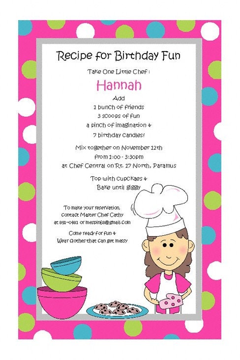 Baking Girl Invitations for Childrens Birthday Party