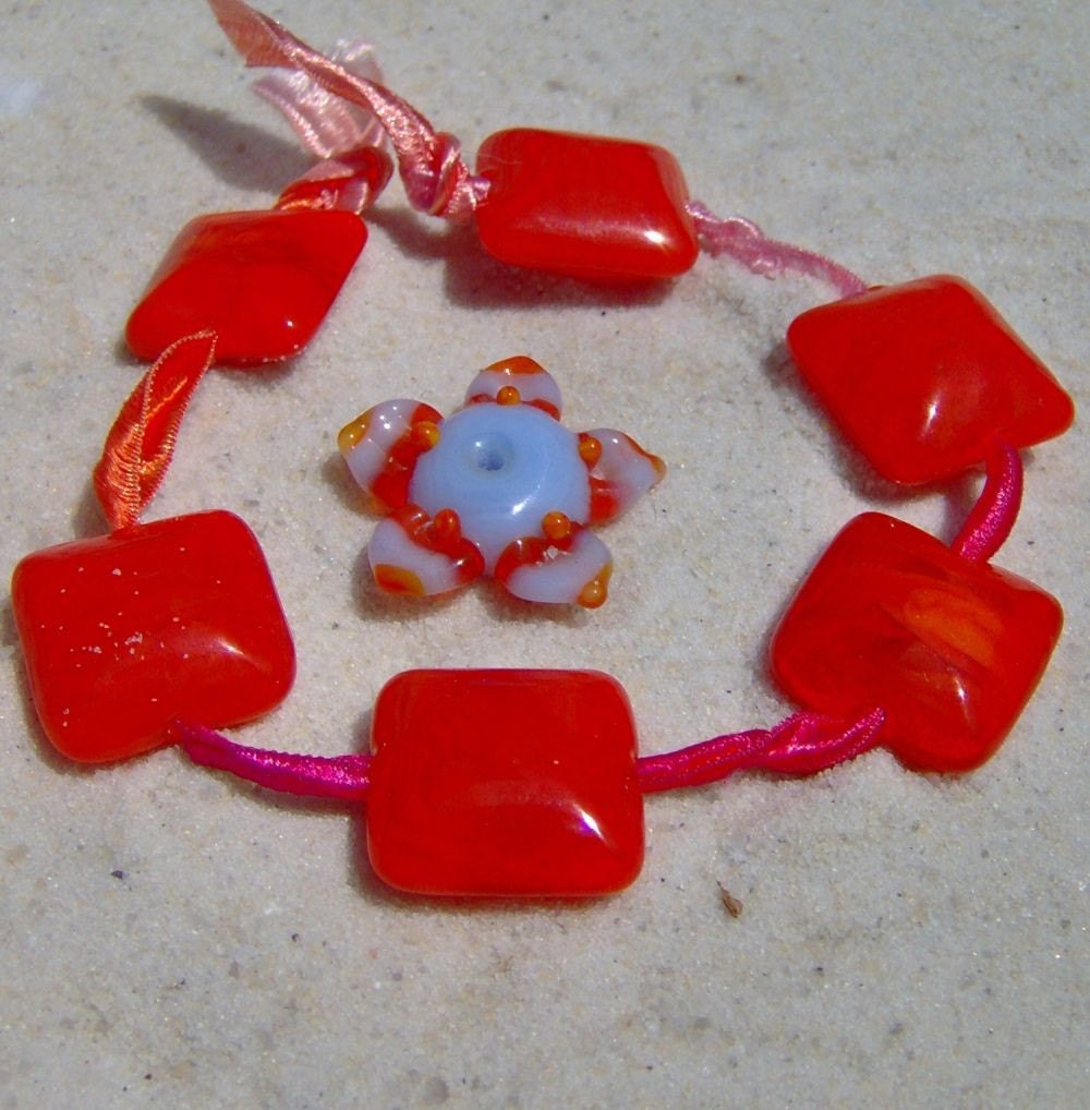 Lampwork  Orange Flower and Squares Set, Handmade SRA LETEAM Destash