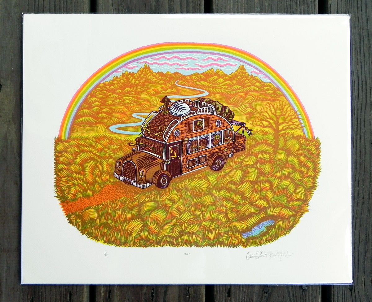 RV Camper Woodcut Print Woodblock Print