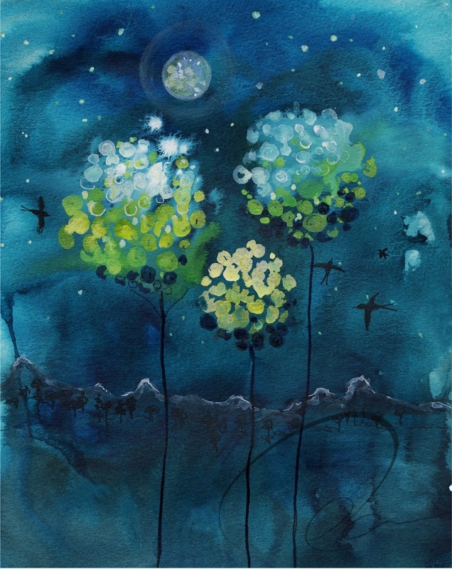 Four Moons - Fine Art Print magnolia trees full moon night sky blue watercolor landscape moonrise living room decor Canadian Oladesign 8x10