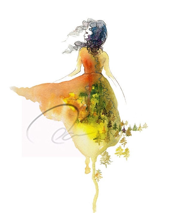 Don't Look Back - Fine Art Print free spirit woman nature child feminine strength fashion sketch watercolor design dress  Oladesign 8x10