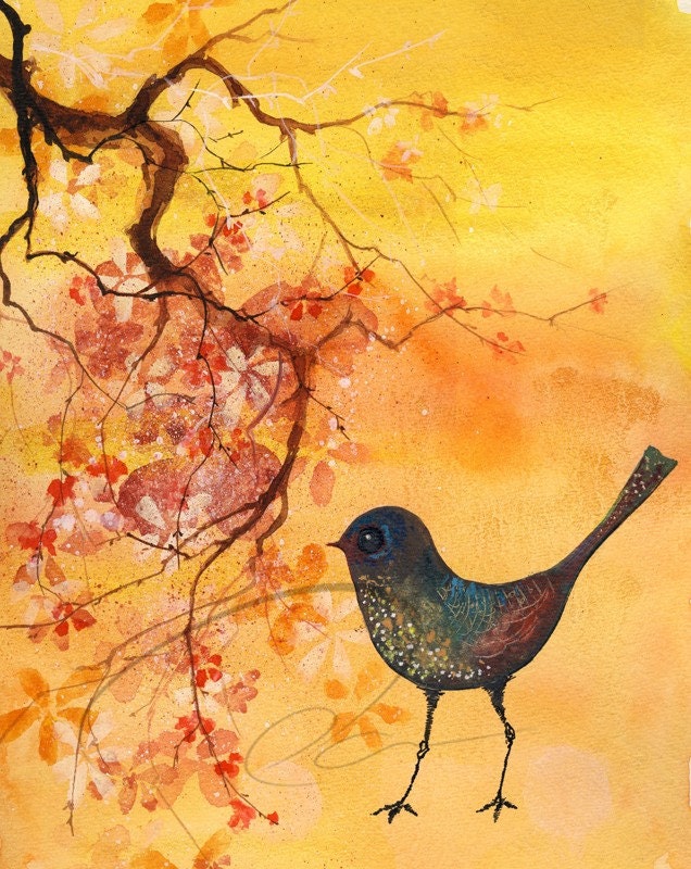 Dab of Inspiration - Art Print robin watercolor oriole painting hanging flower blossoms yellow mockingbird home decor wall Oladesign 8x10