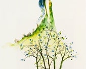 Serenity - Art Print watercolor painting nature's bride spirit woman heron tree fashion wedding design sketch girl's room wall Oladesign 5x7