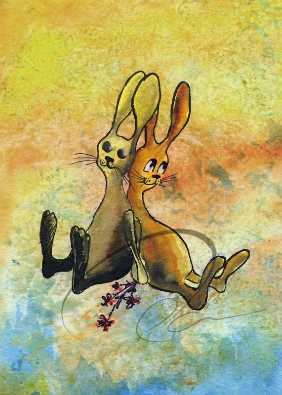 Bunny Love -  Fine Art Print cute baby bunny rabbits girls nursery room wall home decor shower gift ideas watercolor painting Oladesign 5x7