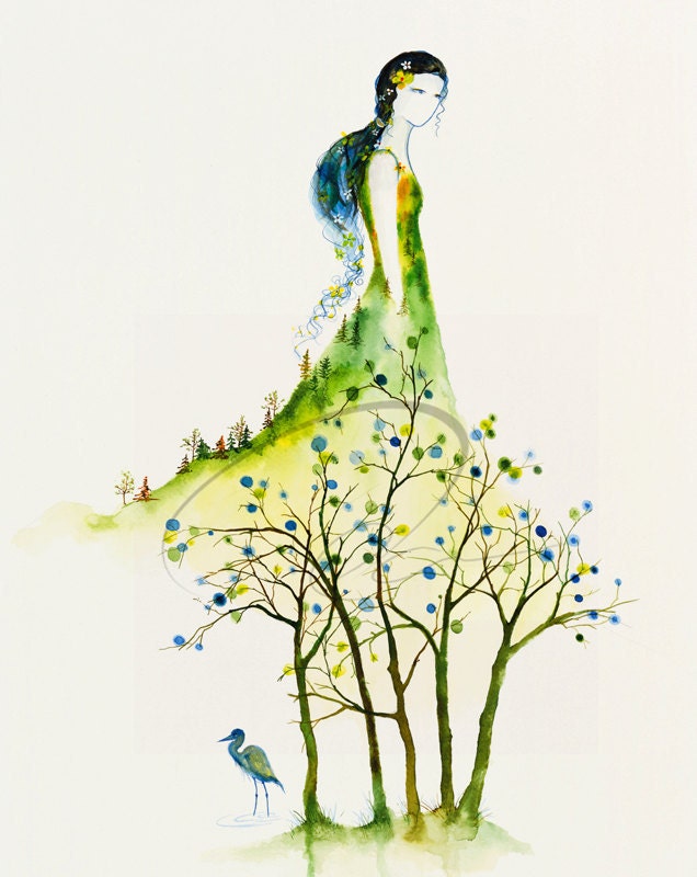 Serenity - Fine Art Print watercolor painting wedding bride woman spirit heron spring tree blossoms colorful dress artist Oladesign 8x10