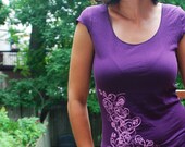 Silkscreen womens tshirt, purple cap sleeve tee, abstract deco design, S-XL, womans top
