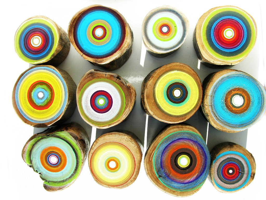 Original Tree Ring Paintings Repurposed Wood for your Rustic Modern Home Set of 12