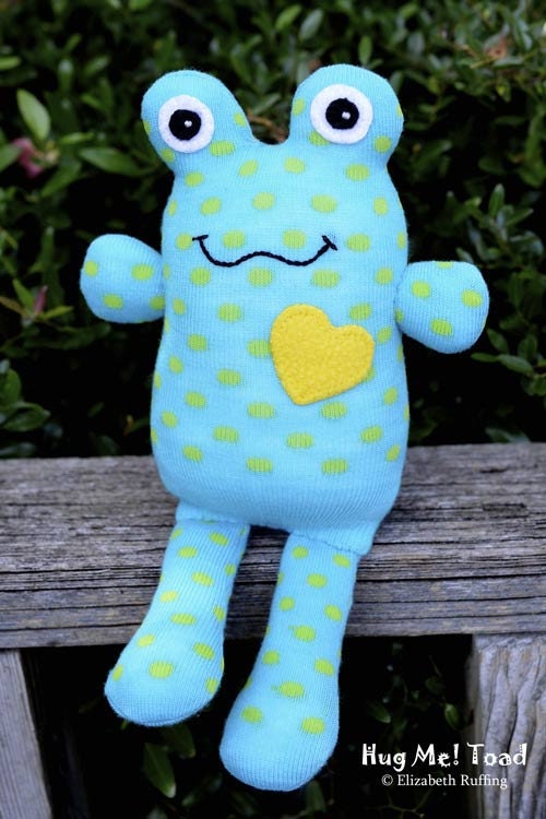 Handmade Sock Toad, Stuffed Animal Sock Doll Art Toy, Hug Me Toad, Personalized Hang Tag, Turquoise, Yellow, Polka Dots, 10 inch, Ready-made