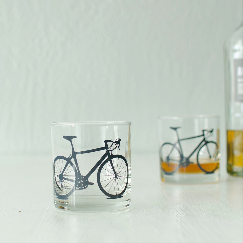 4 bike rocks or pint glasses, screen printed bicycle glassware