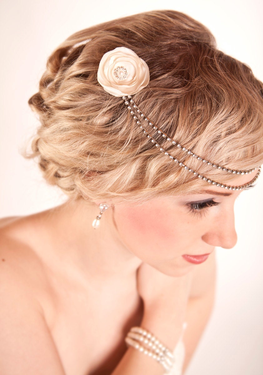 Rhinestone Hair Accessory - Art Deco Inspired Double Rhinestone Hair Strand with Ivory Flower Blossoms - Multi-Style