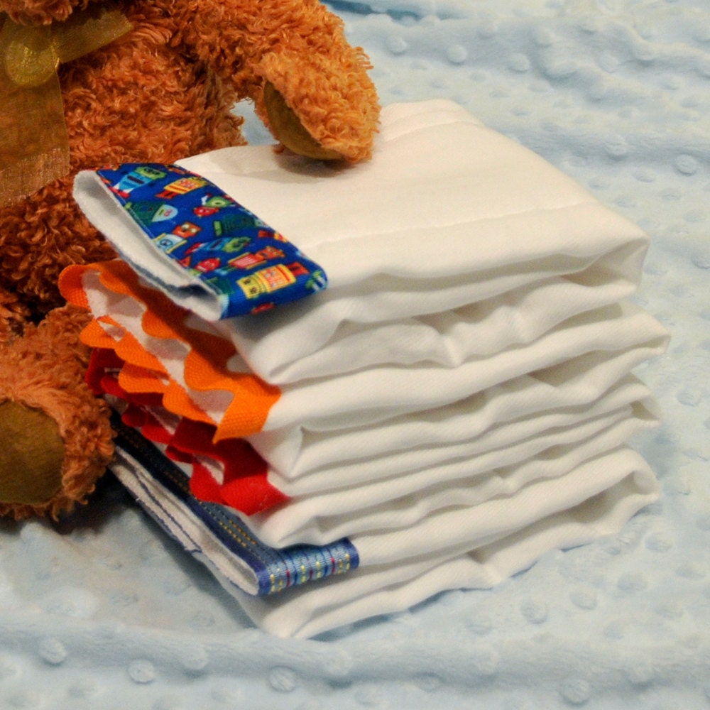 BABY ROBOTS, Burp Cloth Bundle, newborn gift set of 4 coordinating cloths in red, blue, orange for baby BOY