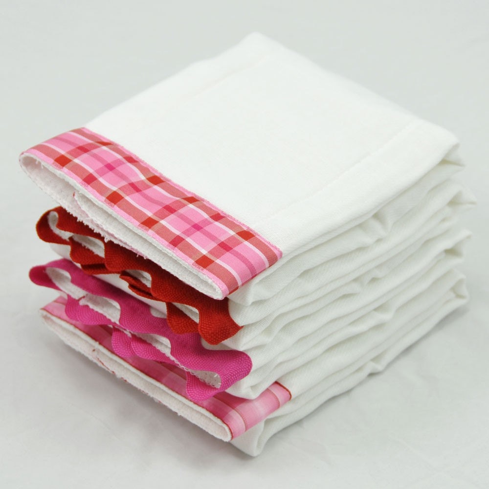 SWEET STRAWBERRY, Burp Cloth Bundle, newborn gift set of 4 coordinating cloths in hot pink and red for baby GIRL