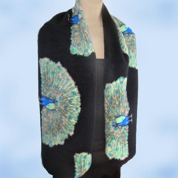 Peacock Birds on Black Print Long & Wide Fleece Scarf