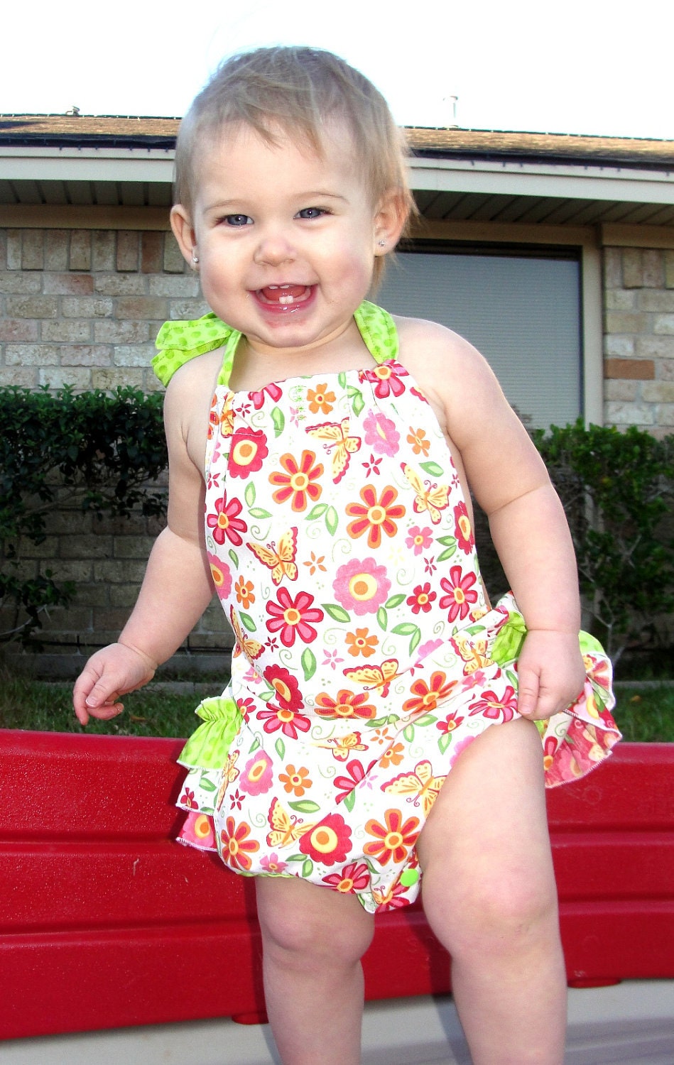Love U by Moda Baby Toddler Girls Boutique Childrens Vintage Ruffle Bum Style Bubble Sunsuit Romper size 3-6, 6-9,12-18, 18-24 months