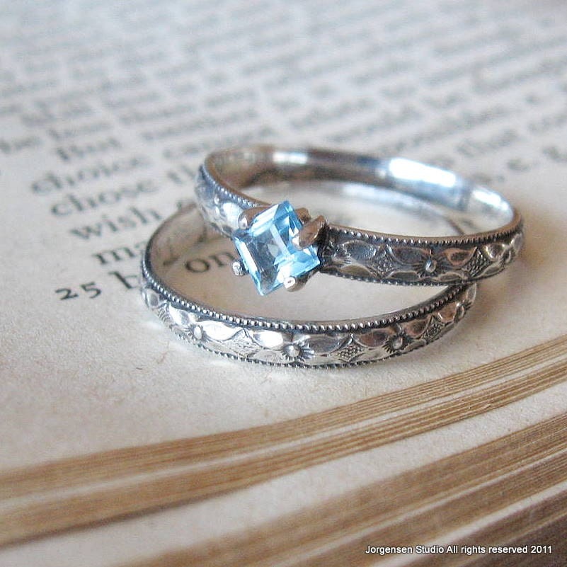 Square Blue Topaz Gemstone Engagement Promise Stacking Ring