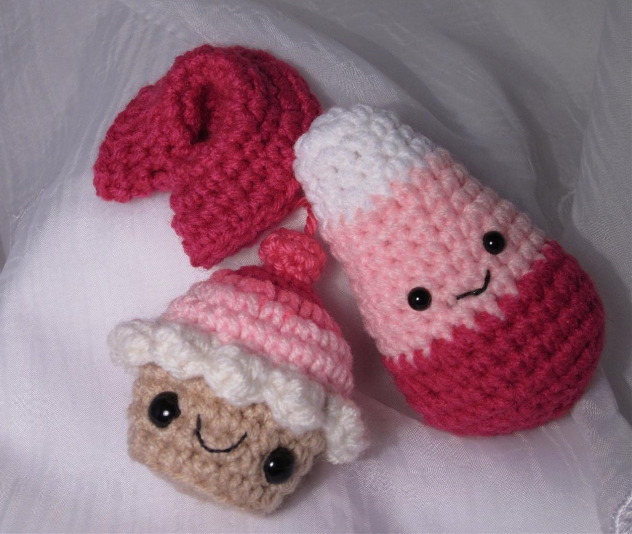 Pink Themed Crochet Set - Cupcake Plush no. 247, happy pink candy corn, pink fortune cookie