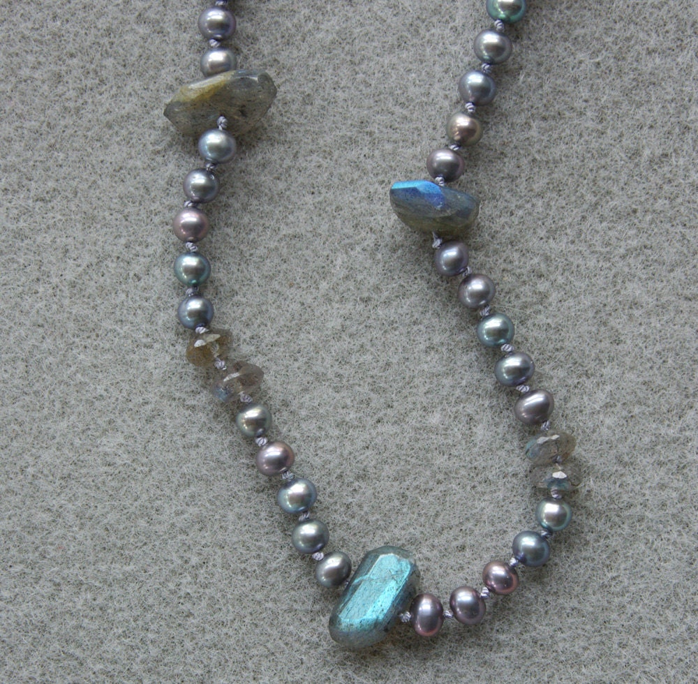 Thundercloud handknotted necklace and earrings set with freshwater pearls, labradorite, Swarovski crystal and sterling silver
