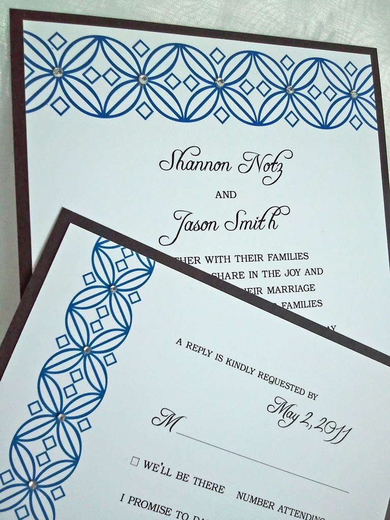 Patterned Rhinestone Delight - Royal Blue Wedding Invitation Response Card with Envelope - Set of 25