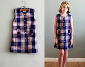 60s 8/9 Blue Plaid Button Up Jumper DRESS