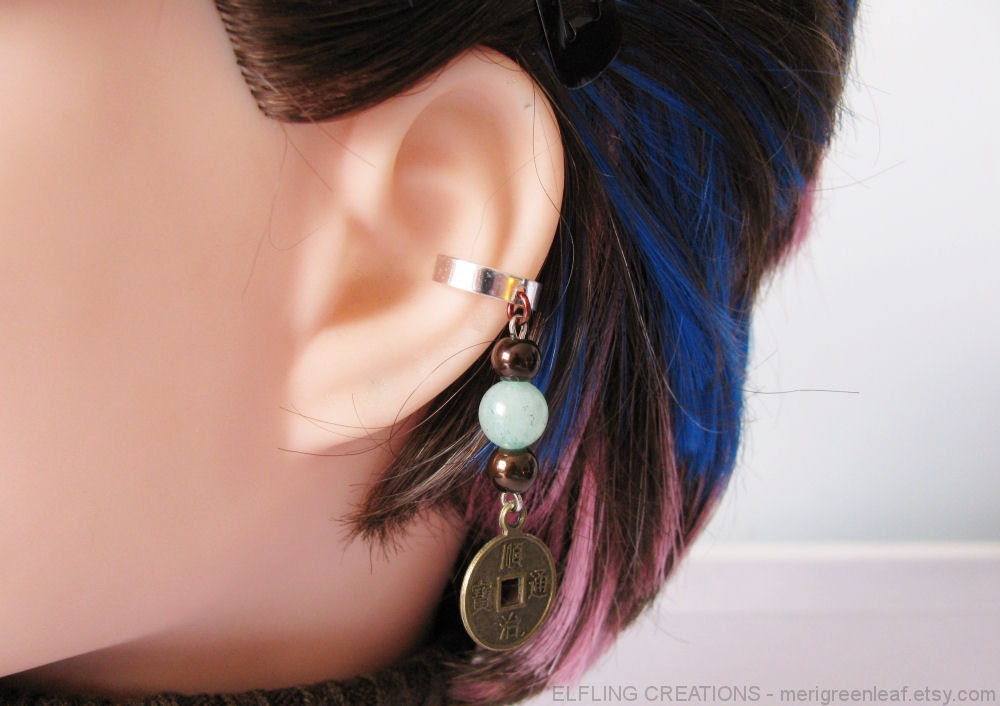 Brown and Jade Coin Ear Cuff - Asian Zen