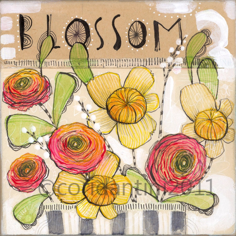 floral print - blossom - pink - orange - yellow -  flowers - 8 x 8  - limited edition - archival - cori dantini