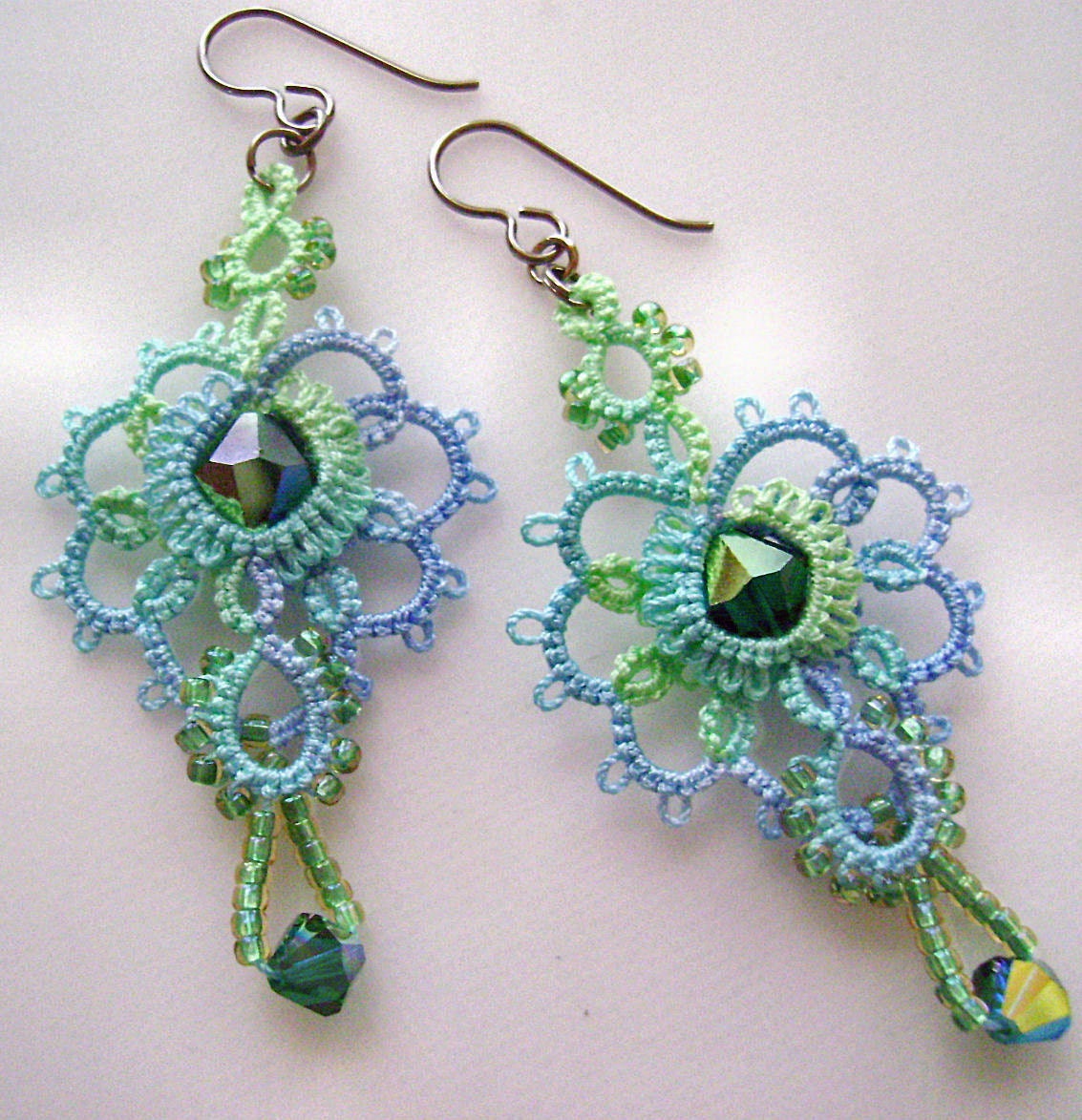 Aqua tatted lace earrings with crystal and glass beads