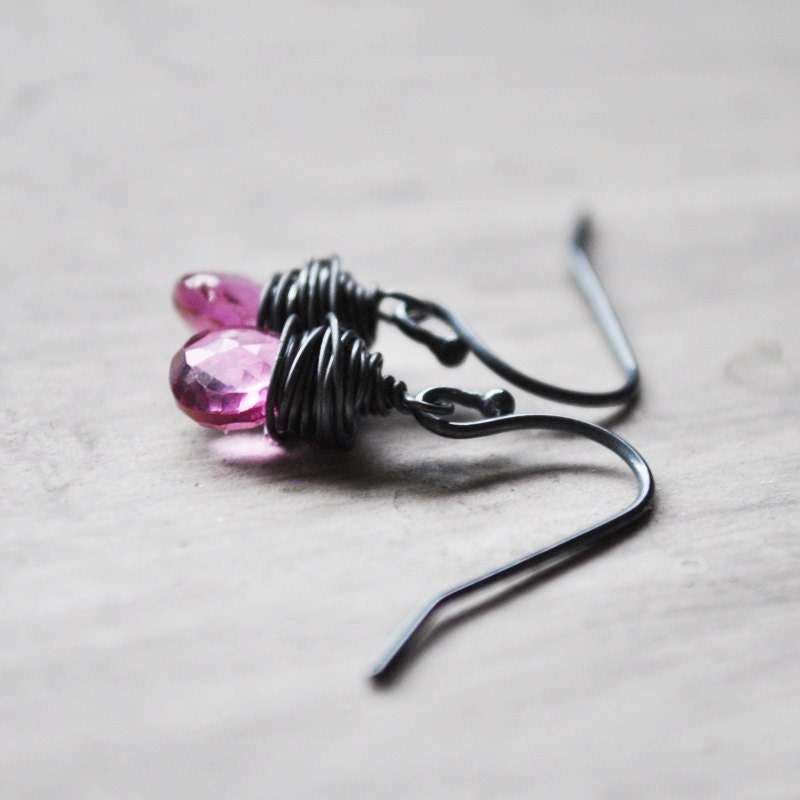 Pink Topaz Earrings Oxidized Sterling Silver Gemstones Black