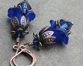 Dark Sapphire Blue Lucite Flower Earrings, Antique Copper & Brass Mixed Metals, Swarovski Crystal Dangle Earrings