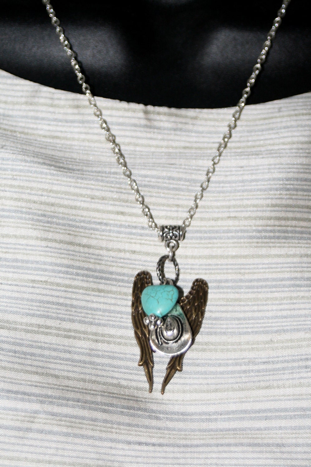 Cowboys and Angels Mixed Metal Charm Necklace Wings Hat Hearts Turquoise Howlite Cowgirl Western