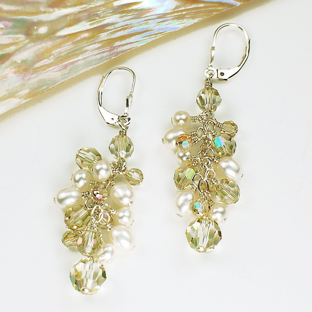 SALE Luminous Green Crystal and Freshwater Pearl Dangle Earrings
