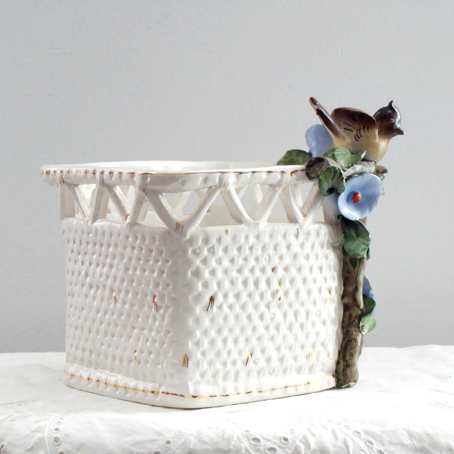 Cottage Granny Chic White Ceramic Trellis Gold Fleck Bird Blue Morning Glory Flowers Planter Marked MC Italy