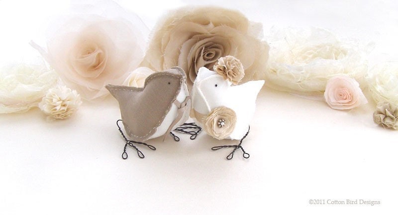Fabric Love Birds Wedding Cake Topper Vintage Inspired Woodland Garden Wedding LINEN and SILK