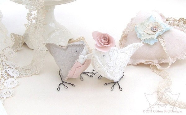 Fabric Birds Pink Wedding Cake Topper English Country Garden Romantic Love Birds LINEN and LACE