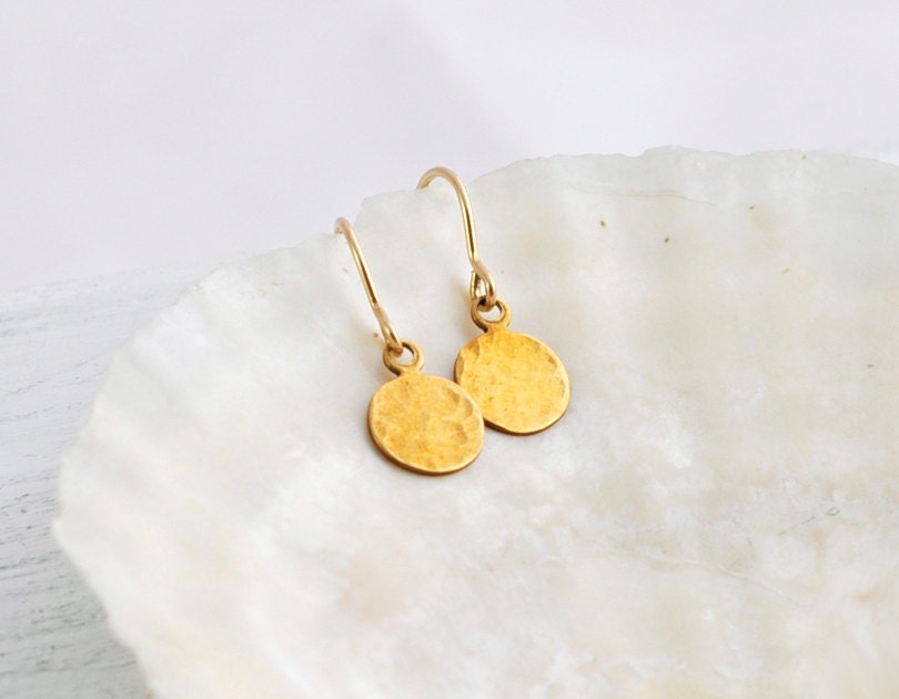 Golden drop earrings - small hammered brass dangles on 14k gold filled ear hooks - simple jewelry  gift for her