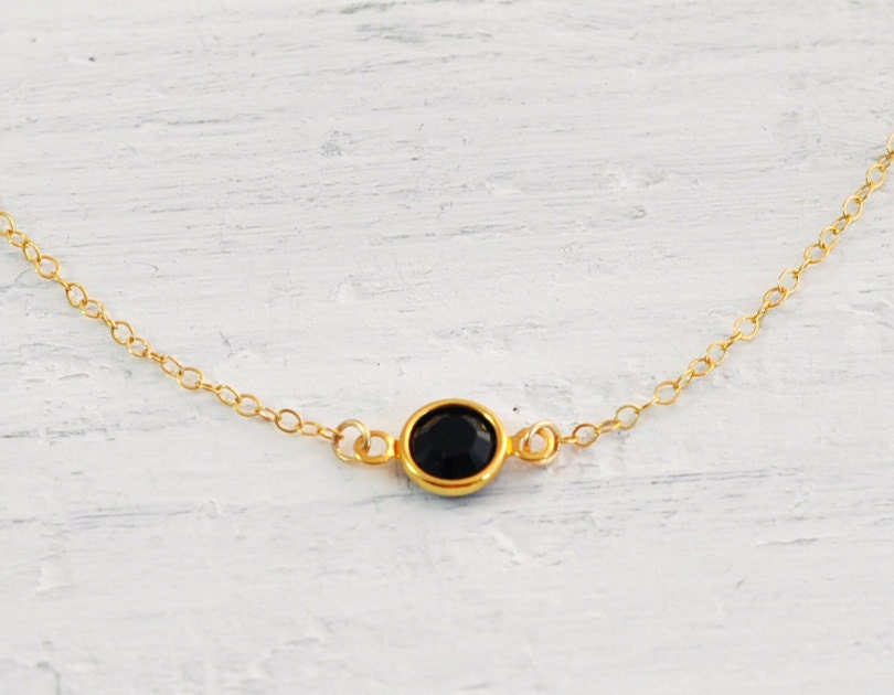 Solo jet - small round black crystal gold filled or sterling silver necklace - simple gem jewelry