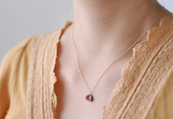 Garnet teardrops - dark ruby red double teardrop gems gold filled necklace - edor