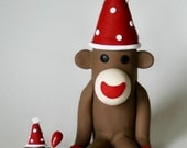 Sock Monkey Birthday Cake Topper 5 inch Fondant Style (polymer clay) with Party Hat